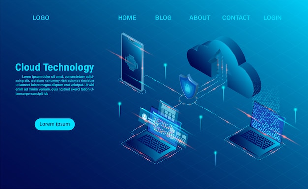 Vector landing page with cloud computing concept. online computing technology. big data flow processing concept, 3d servers and datacenter. isometric flat design.