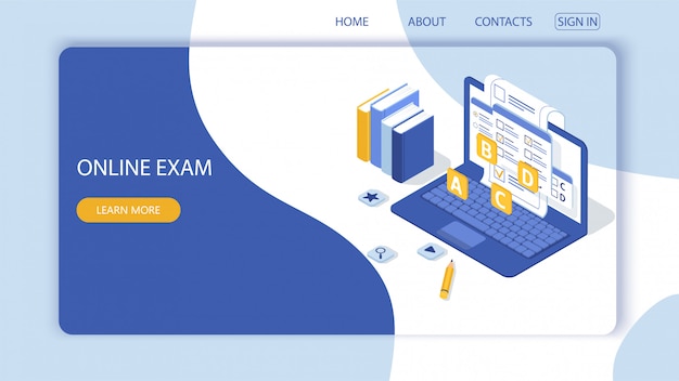 Landing page with concept of online exam, online testing.