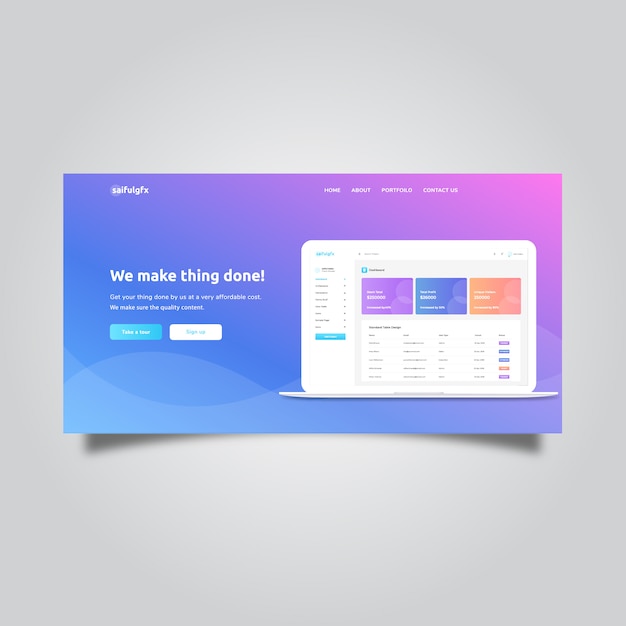 Vector landing page with dashboard and abstract background