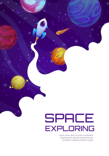 Landing page with flying in space rocket planets