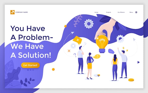 Vector landing page with group of people managers or office workers standing around light bulb and thinking over business idea brainstorming and problem solving flat vector illustration for website