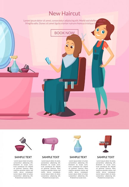 Vector landing page  with hairdresser doing a haircut to a client in salon with table and mirror