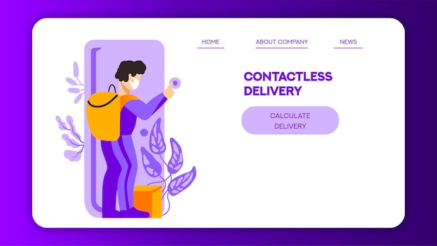 Landing page with hand drawn courier on white and purple background