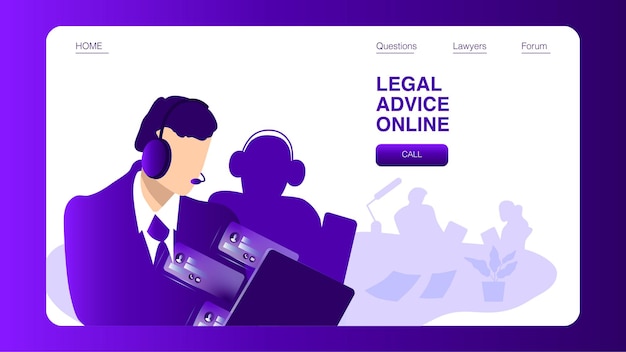 白と紫の背景に手描きの弁護士とのランディングページ