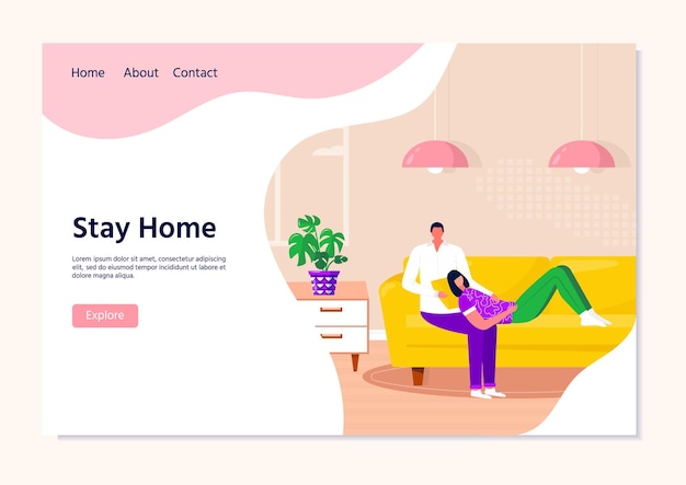 Landing page with happy family relaxing on couch, listen to music. Man and woman spending time together. Husband and wife on comfy sofa enjoying home entertainment. Vector flat interior illustrations