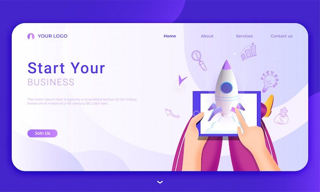 Vector landing page  with human launching a successful project of rocket from tablet with business elements for start your business.