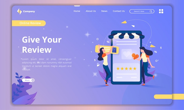Vector landing page with illustrations about customer reviews concept