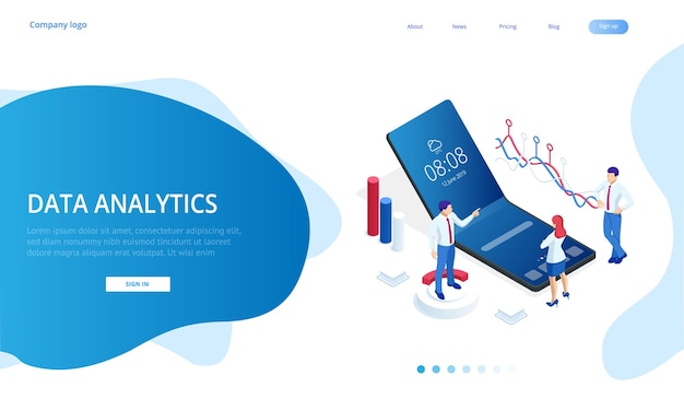 Vector landing page with isometric business and finance analysts analyzing key performance indicators business data analyst and auditing