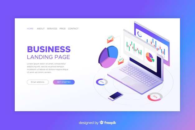 Vector landing page with isometric laptop with graphs