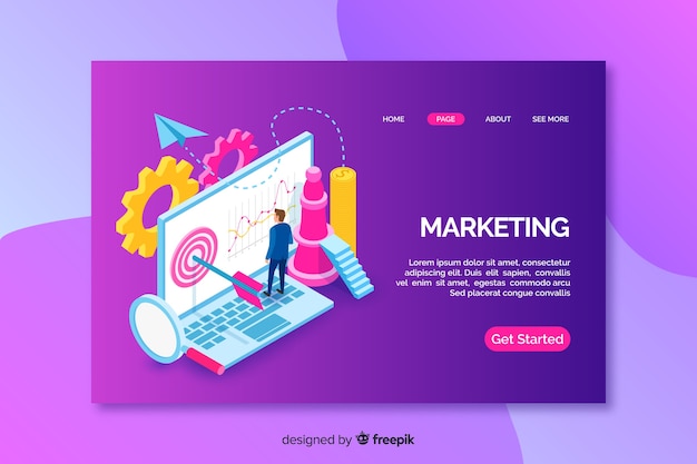 Landing page with isometric marketing laptop