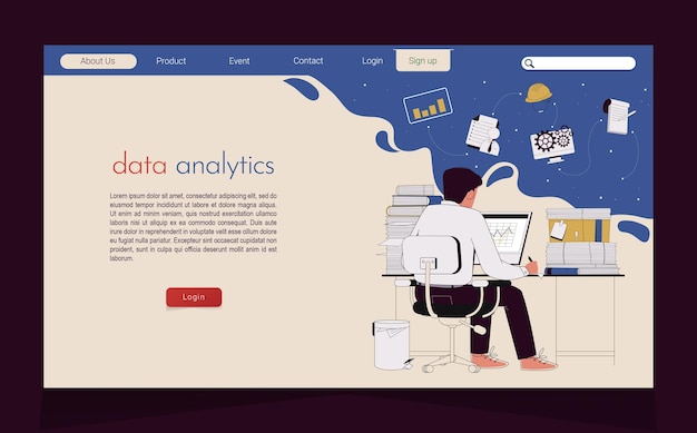 Vector landing page with male data analyst sits in front of computer and piles of paper surround him