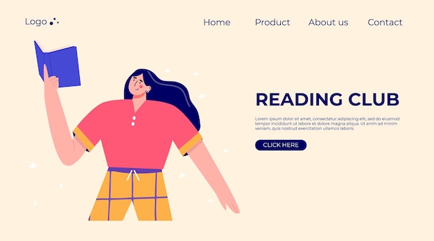 Vector landing page with modern people reading book club set of characters enjoying their hobbies leisure vector illustration in flat cartoon style