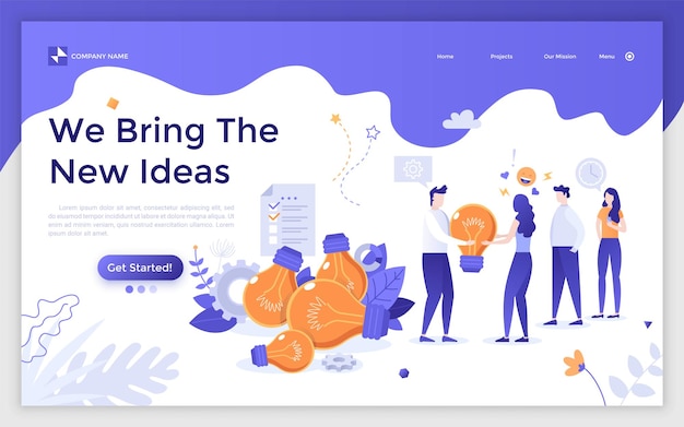 Vector landing page with office workers or colleagues collecting giant light bulbs concept of bringing new business ideas group brainstorming teamwork flat vector illustration for web banner website