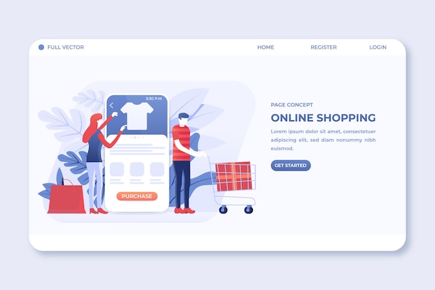 Vector landing page with people shopping online via mobile application on smartphone illustration