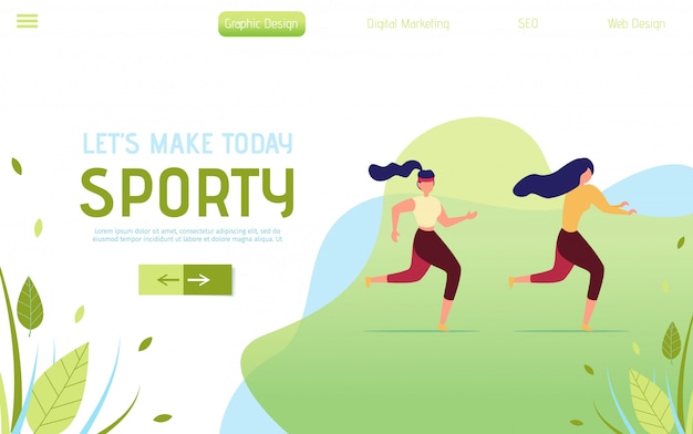 Vector landing page with running cartoon active people