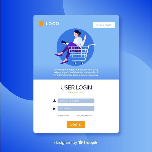 Vector landing page with shopping login form