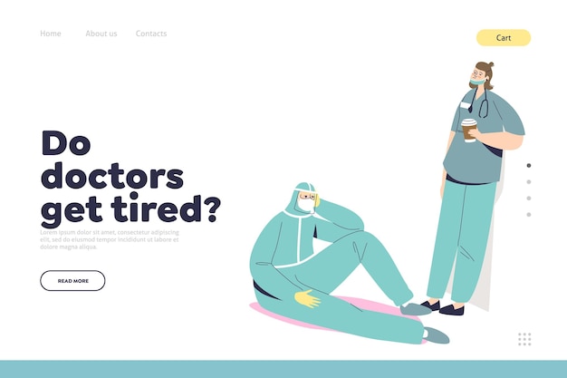 Landing page with tired doctor and nurse in protective uniform and masks during covid pandemic overworked and exhausted. cartoon flat vector illustration