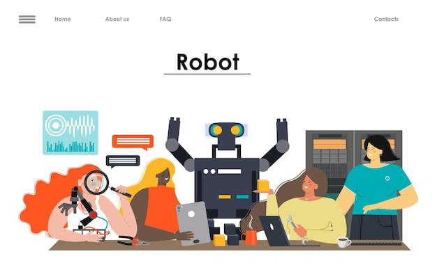 Landing page with vector people building robot