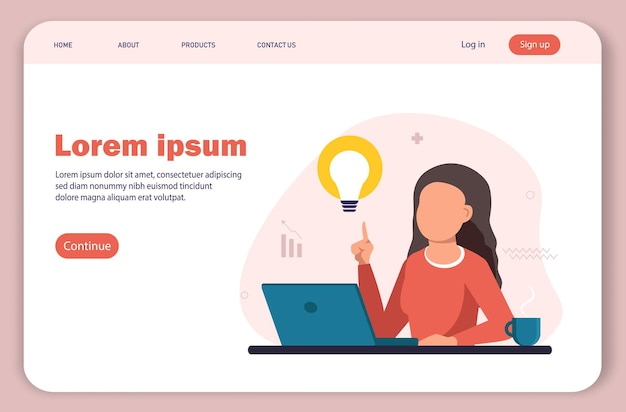 ノートパソコンで作業している女性のランディングページ。フリーランスの仕事のコンセプト