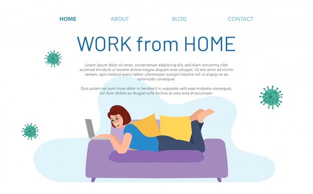 Landing page of work from home. illustration of a woman working at home