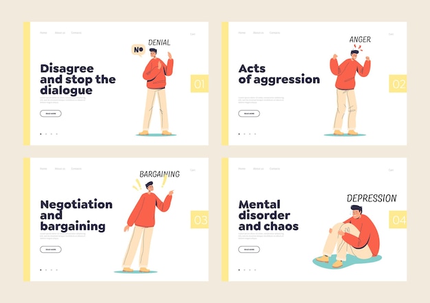 Landing pages set with stages of acceptance and mental disorders