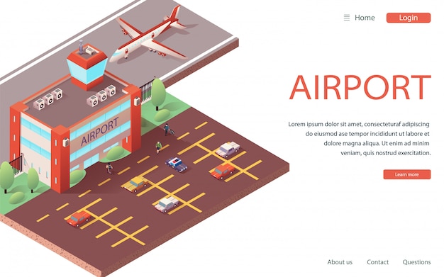 Vector landing website isometric modern airport terminal