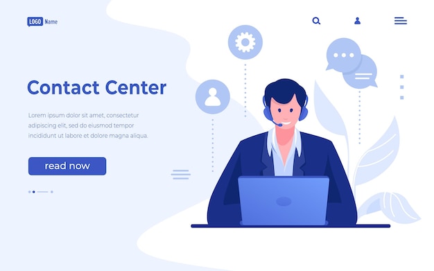 Landingspagina contactcentrum Website-interface voor klantenondersteuning Online feedbackservice Cartoon-operator beantwoordt oproepen en berichten van klanten Vector UI-ontwerpmodel met knoppen