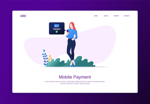 Landingspagina illustratie van een staande vrouw tijdens het maken van mobiele online betalingen met smartphone