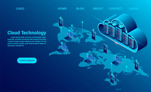 Landingspagina met cloud computing-concept. online computertechnologie. groot gegevensstroomverwerkingsconcept, 3d-servers en datacenter. isometrisch plat ontwerp