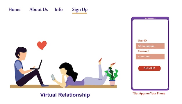 Landingspagina virtuele relatie, online dating en sociale netwerken concept vector sjabloonontwerp illustratie