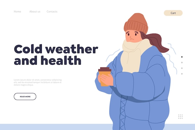 Landingspagina voor koud weer en gezondheid met een jonge vrouw gekleed in warme kleding die koffie drinkt