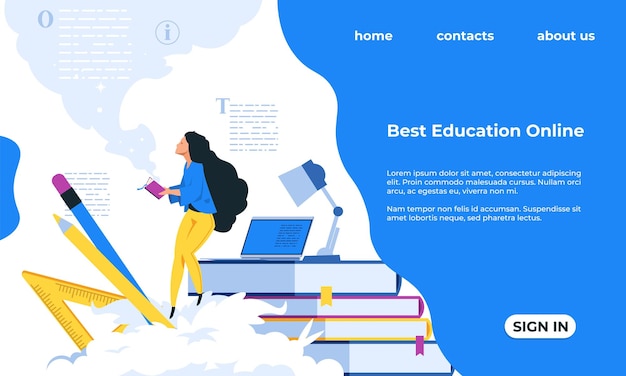 Landingspagina voor online onderwijs mensen studeren in de verte webcursussen die nieuwe kennis leren websiteontwerp kleurrijke sjabloon met knoppen of belettering vector ui-mockup