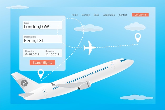Landingspagina voor online zoeken en boeken van webbannersjabloon voor reistickets Wit vliegtuig in de lucht