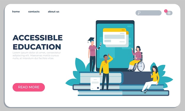 Vector landingspagina voor toegankelijk onderwijs online leren voor gehandicapten website-ontwerp interfacesjabloon met knoppen studiehulp voor gehandicapten vector ui-mockup