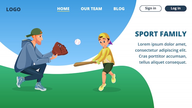 Vector landingspagina websjabloon met sport family cartoon vader en zoon honkbal spelen