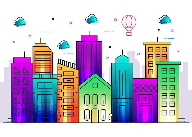 Landmark city line illustration with colorful background