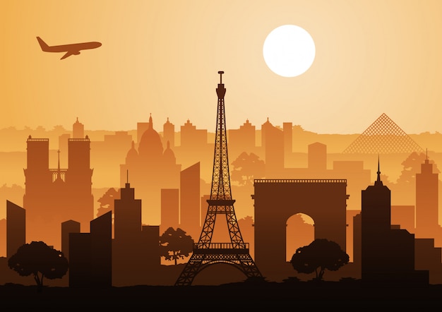 Punto di riferimento della francia, stile silhouette tempo tramonto