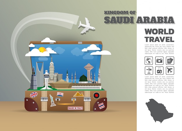 Landmark global travel and journey infographic-bagage in saoedi-arabië. ontwerpsjabloon. / illustratie.