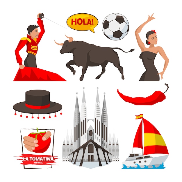 Landmarks and cultural objects and symbols of spain barcelona.  spain culture, illustration of tourism spanish, building and corrida