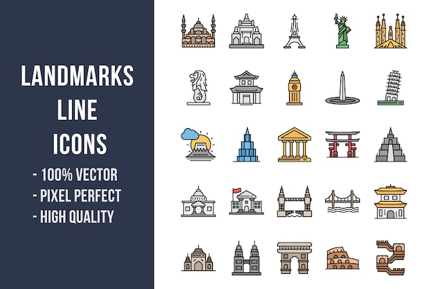 Vector landmarks line color icons