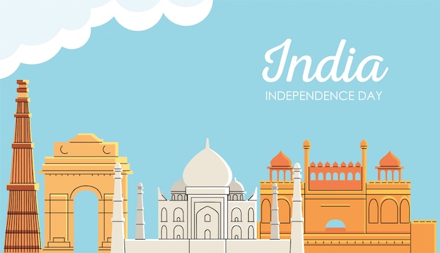 Vector landmarks places with clouds of india independence day