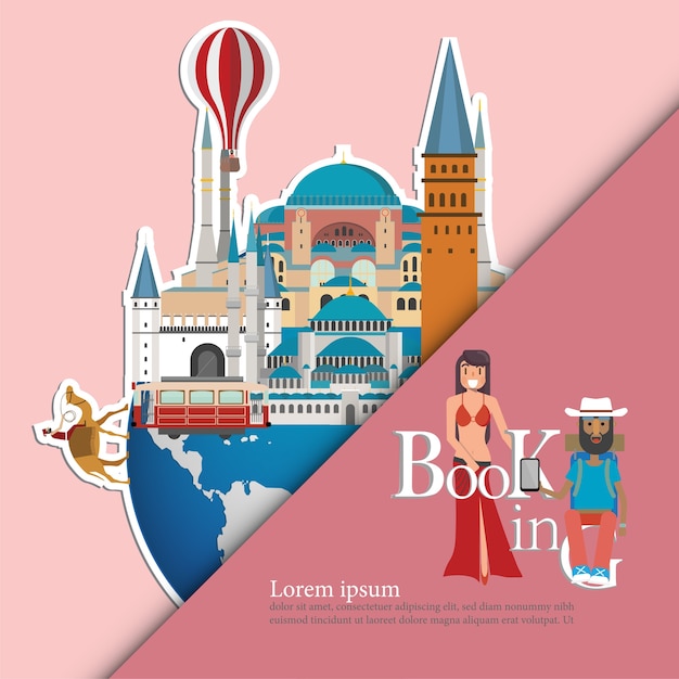 Vector landmarks of turkey on the globe istanbul travel concept