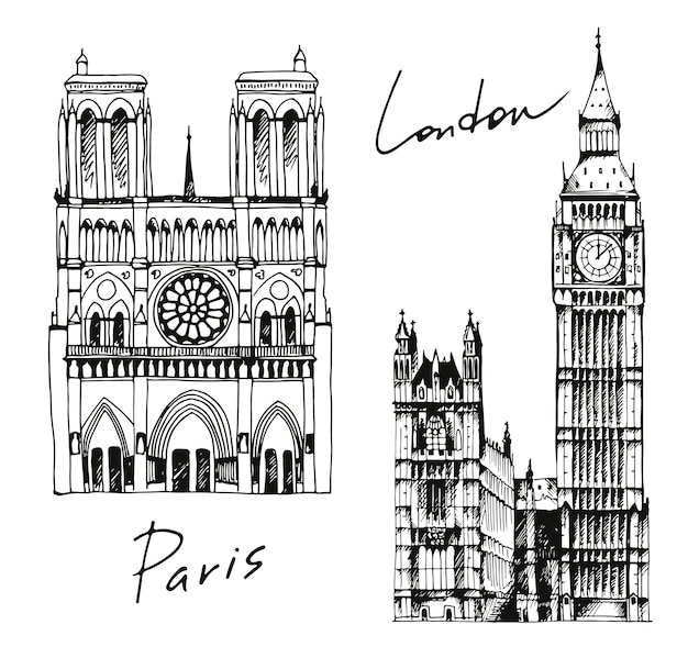 Landmarks of the world big ben and eiffel tower london and paris travel background