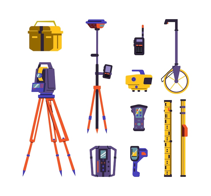 Landmeter of geodesie professionele apparatuur platte vectorillustratie geïsoleerd