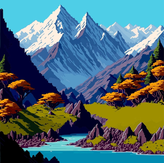 Landscape 8bit pixel art Summer natural landscape mountain scenery arcade game background