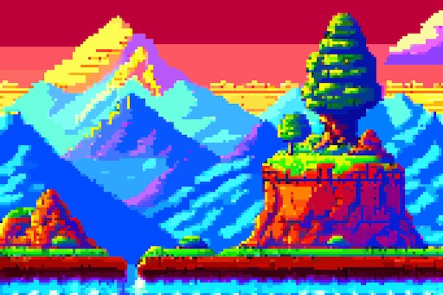 Vector landscape 8bit pixel art summer natural landscape mountain scenery arcade video game background