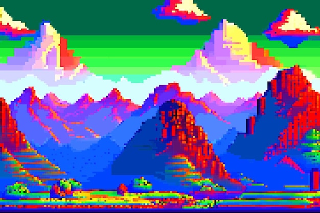 Vector landscape 8bit pixel art summer natural landscape mountain scenery arcade video game background