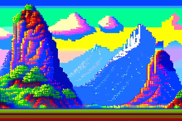 Landscape 8bit pixel art summer natural landscape mountain scenery arcade video game background