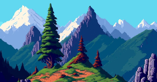 Landscape 8bit pixel art Summer natural landscape mountain scenery arcade video game background