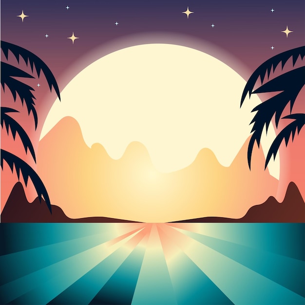 Vector landscape on another planet sun order sunrise mountains landscape palm trees vector